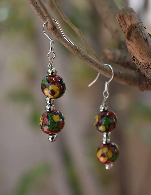 Two Bead Blue Pottery Earrings (Red &Yellow)